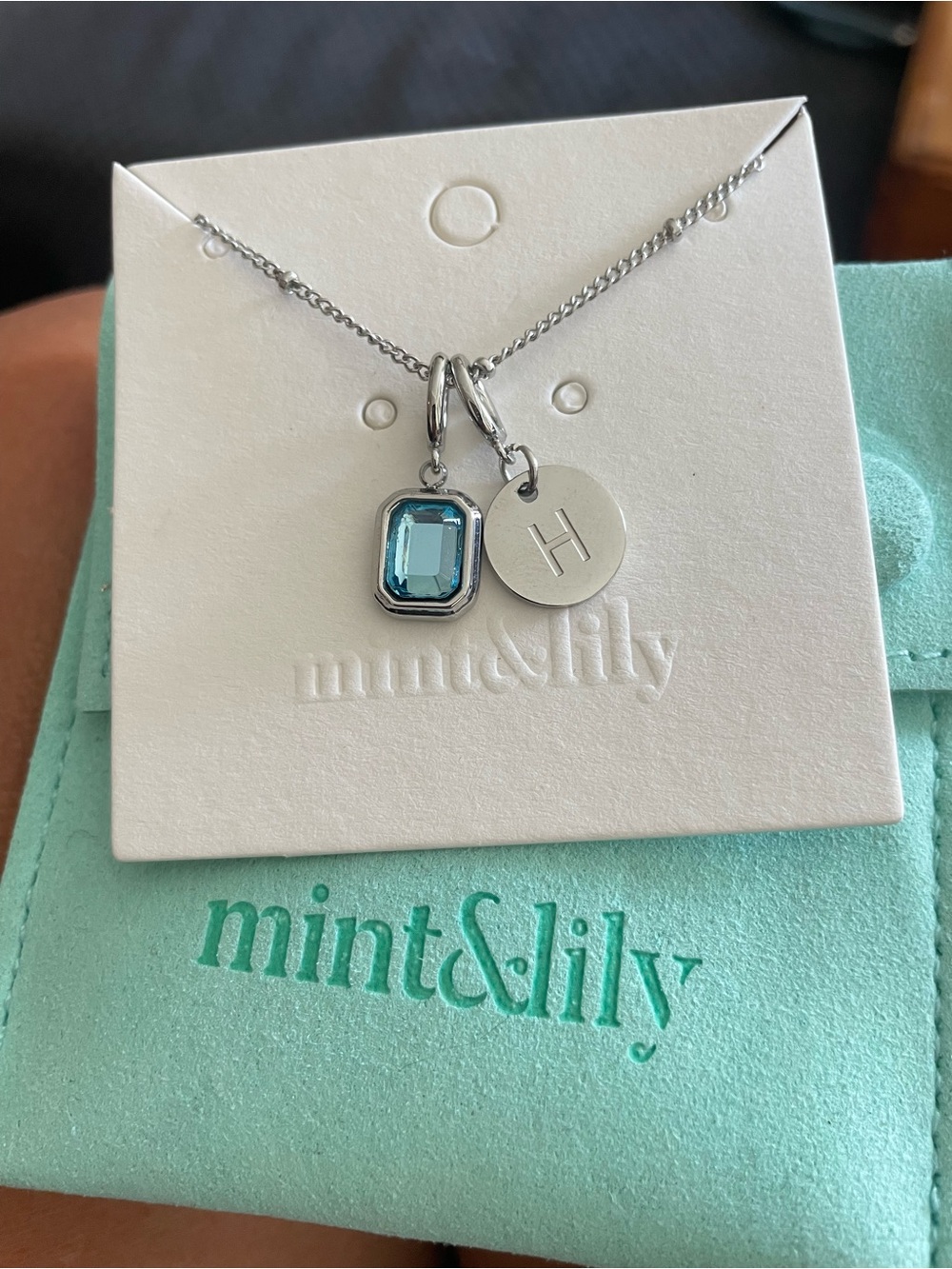 New Tarnish-free Mint & Lily Initial H & December Topaz birthstone necklace 18”